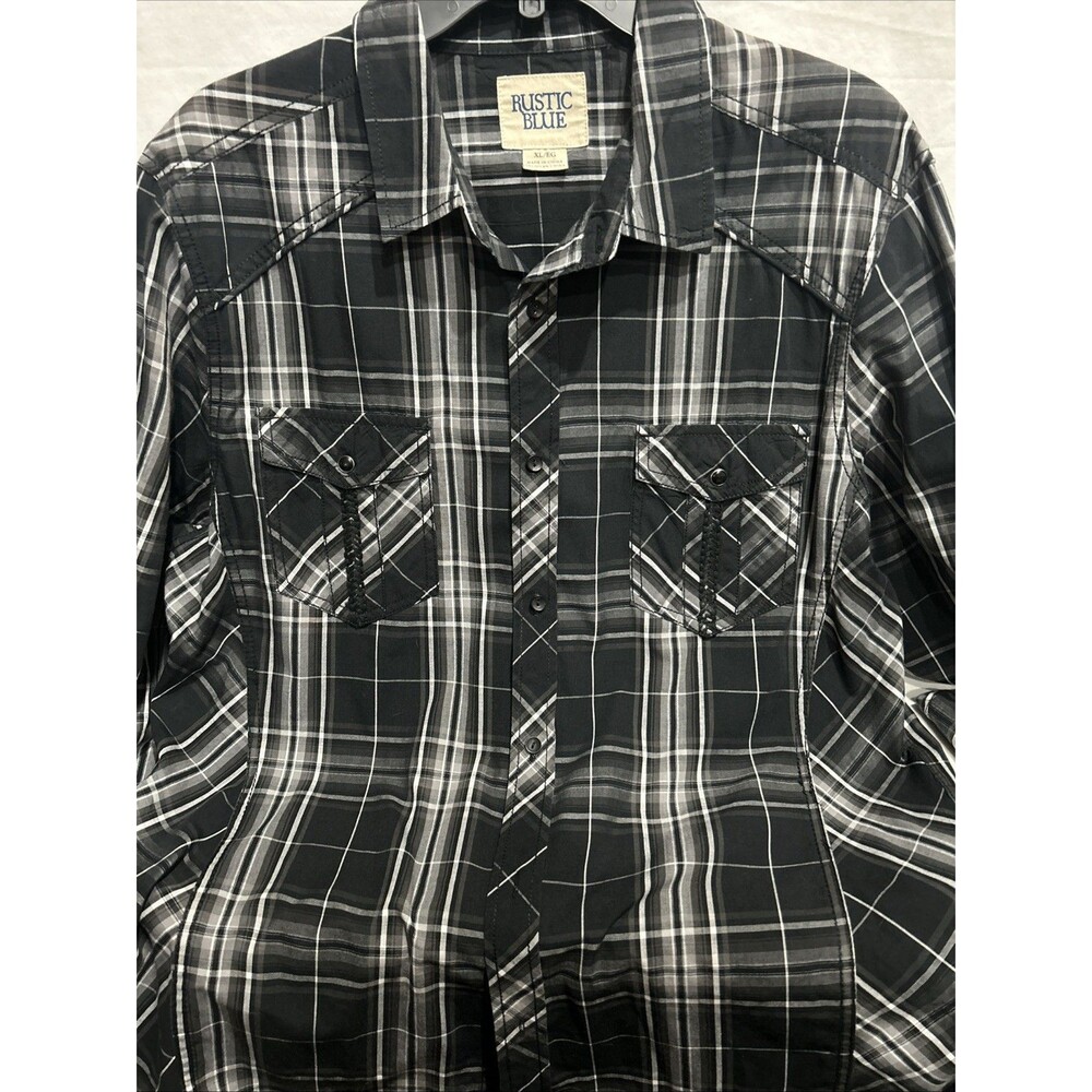 Rustic Blue Mens Medium Black & White Plaid Buttonfront Longsleeve Shirt